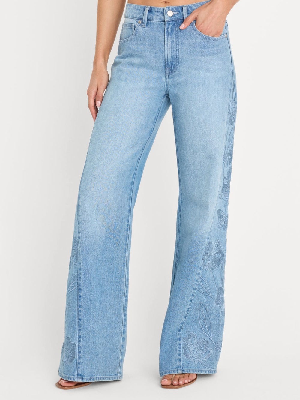 Good American Light Blue Embroidered Wide-Leg Jeans